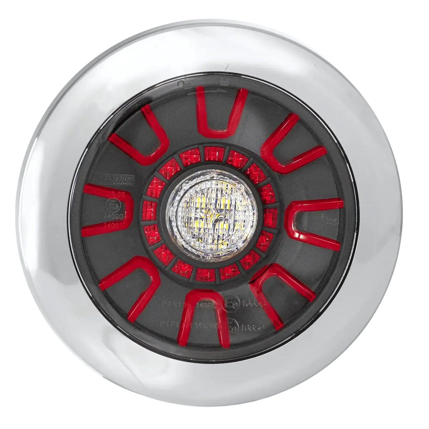 Round LED tail light with chrome trim, red accents, and clear center lens