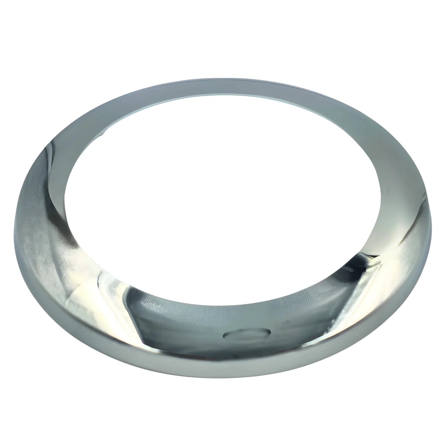 Shiny chrome circular trim ring on white background, car accessory part