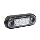 Oval LED marker light with four diodes and a black plastic housing on white background