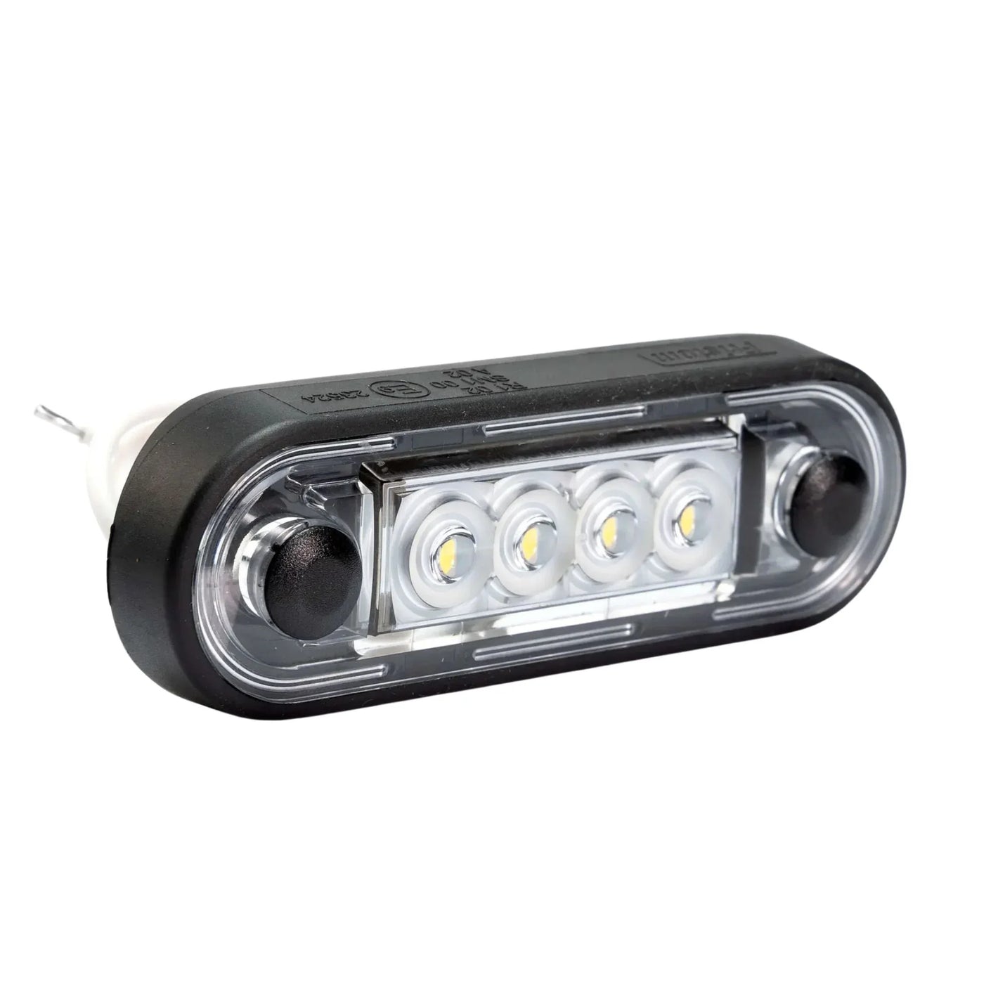 Oval LED marker light with four diodes and a black plastic housing on white background