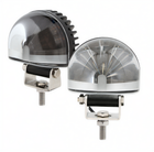 Pair of round LED work lights with clear domed lenses and metal mounting brackets