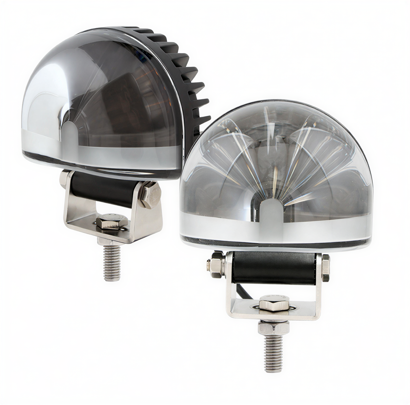 Pair of round LED work lights with clear domed lenses and metal mounting brackets