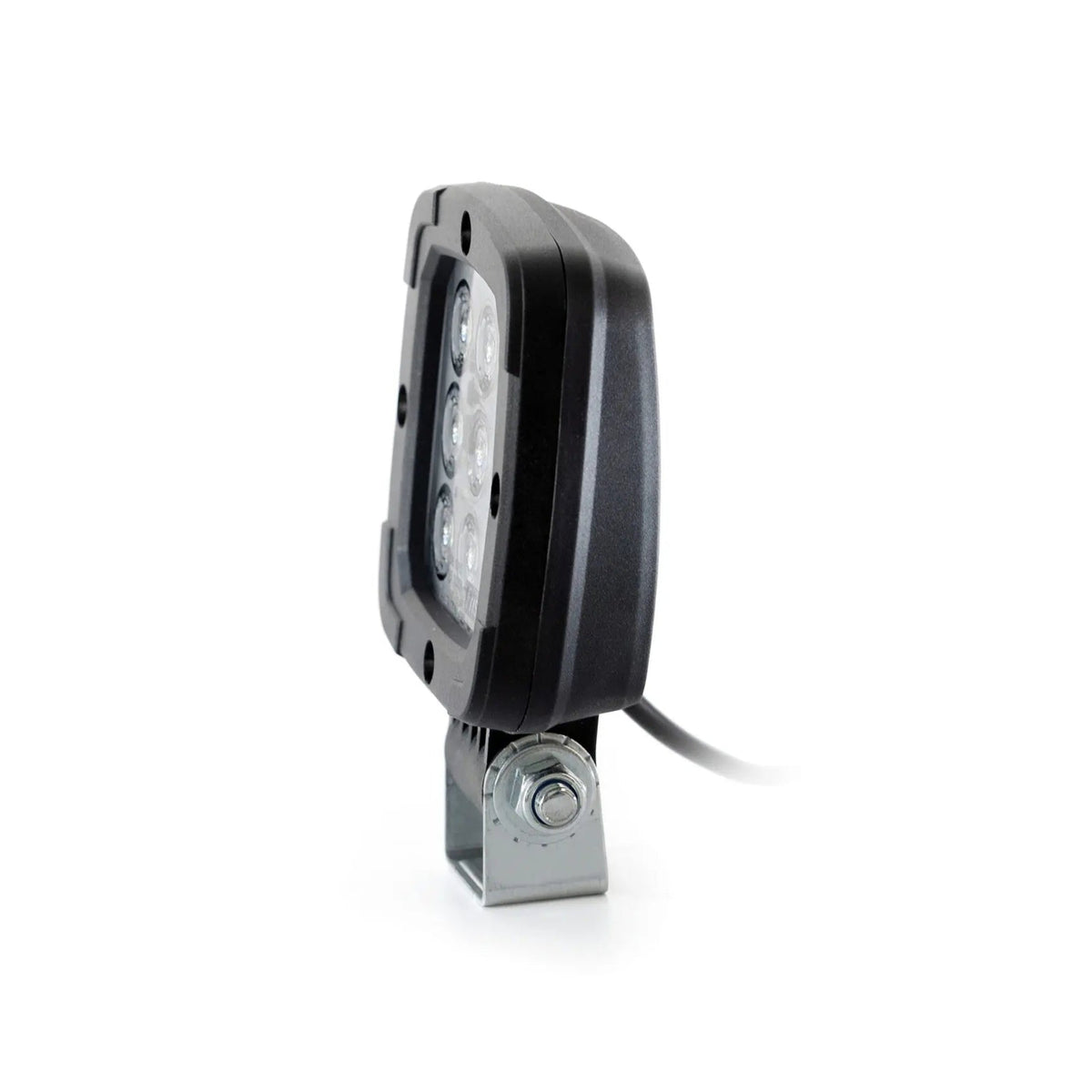 Slim rectangular LED work light with metal mounting bracket on white background