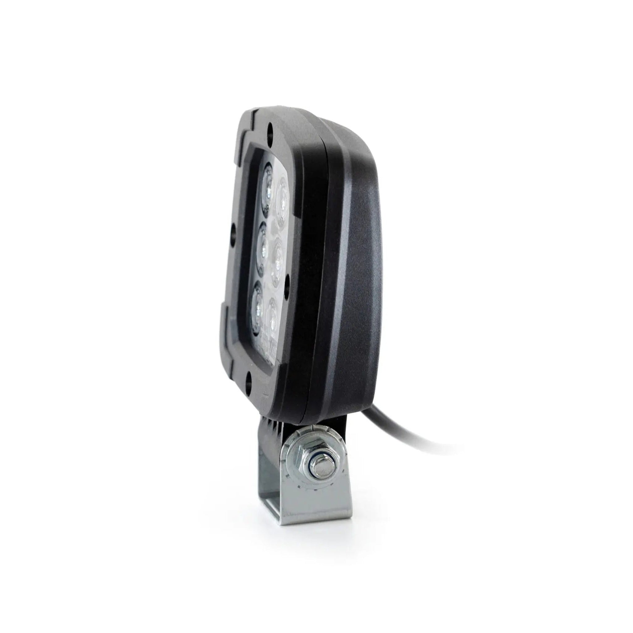 Slim rectangular LED work light with metal mounting bracket on white background