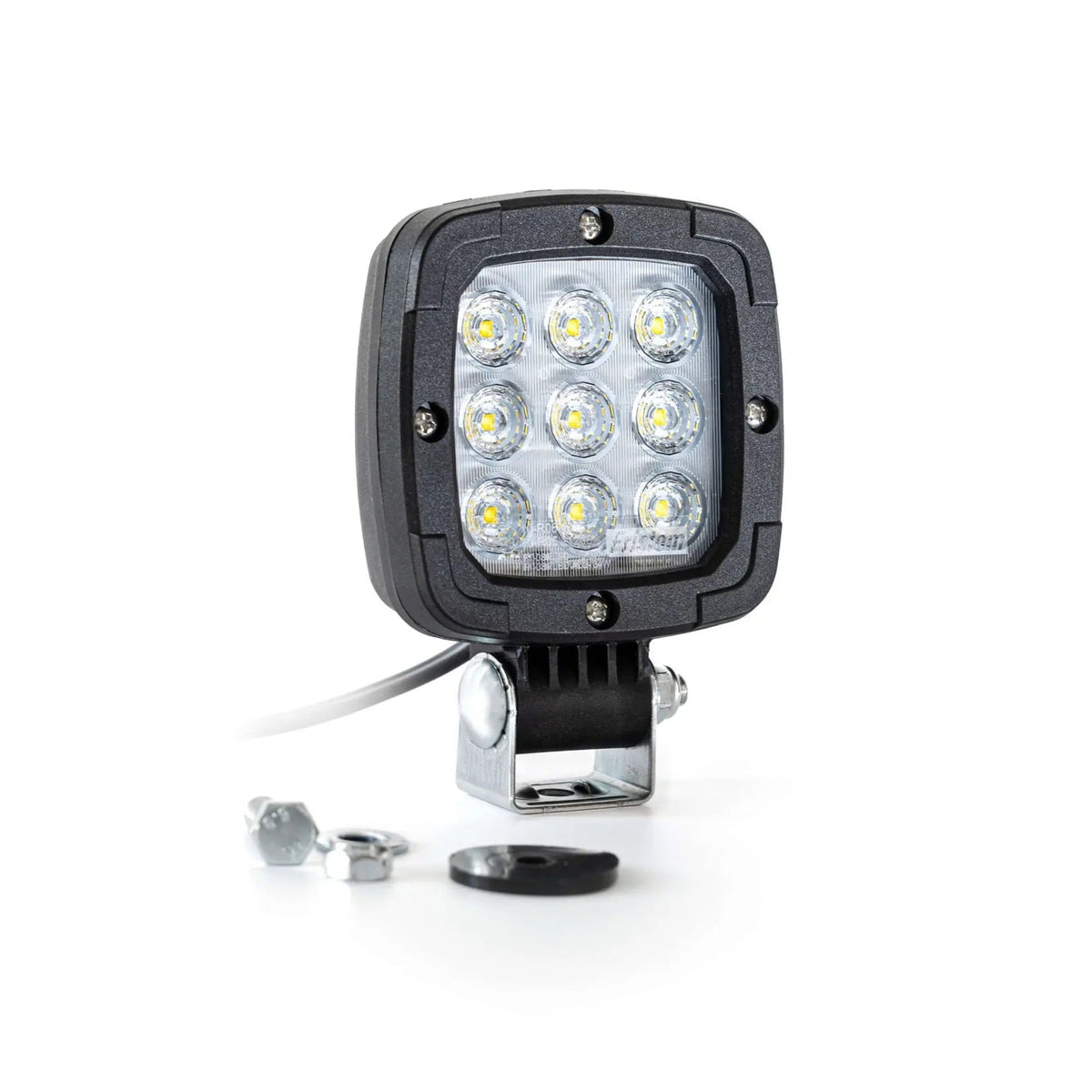 square LED work light with nine bulbs and mounting hardware on white background