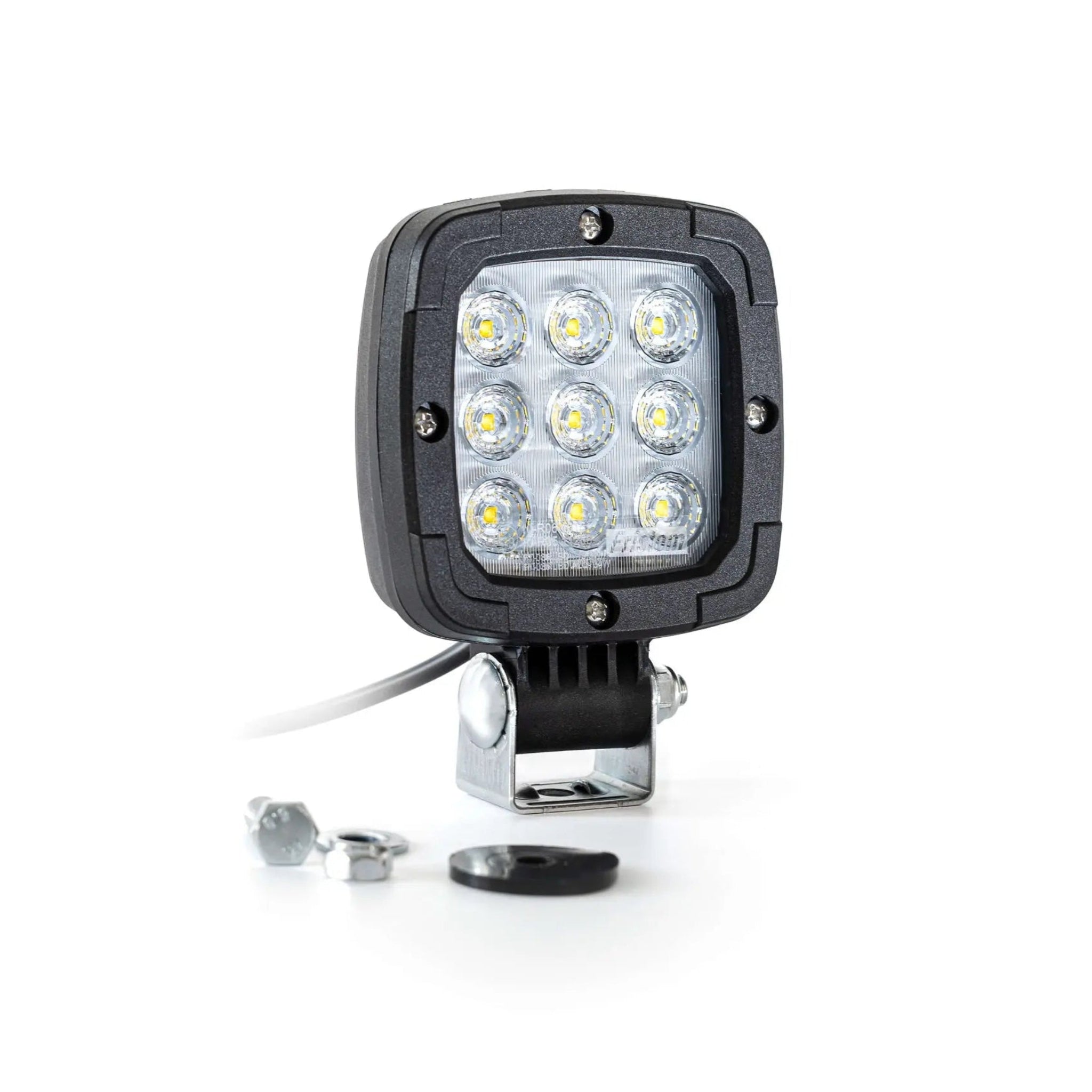 square LED work light with nine bulbs and mounting hardware on white background