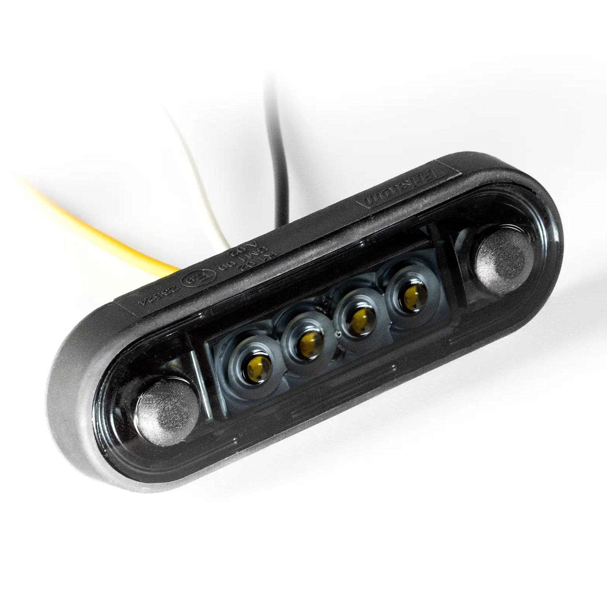 Rectangular black LED marker light with four diodes and attached wires on white background