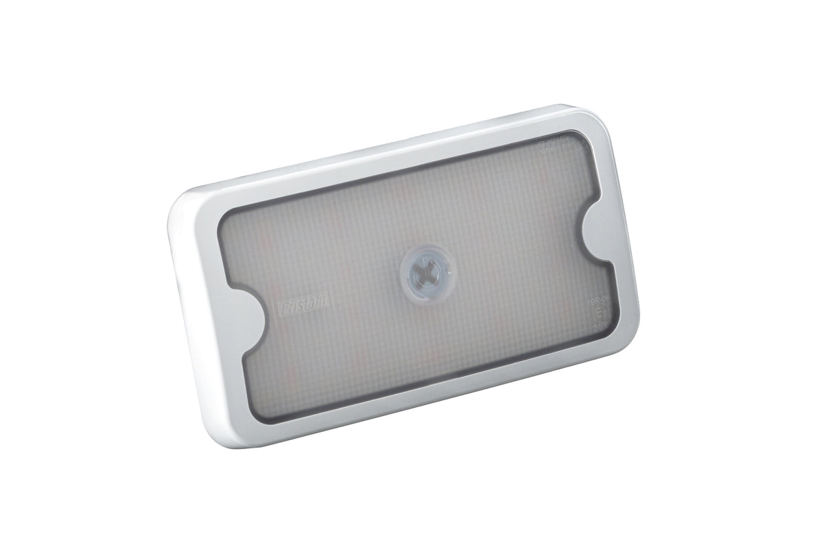 Rectangular white LED interior light with frosted lens and push button switch