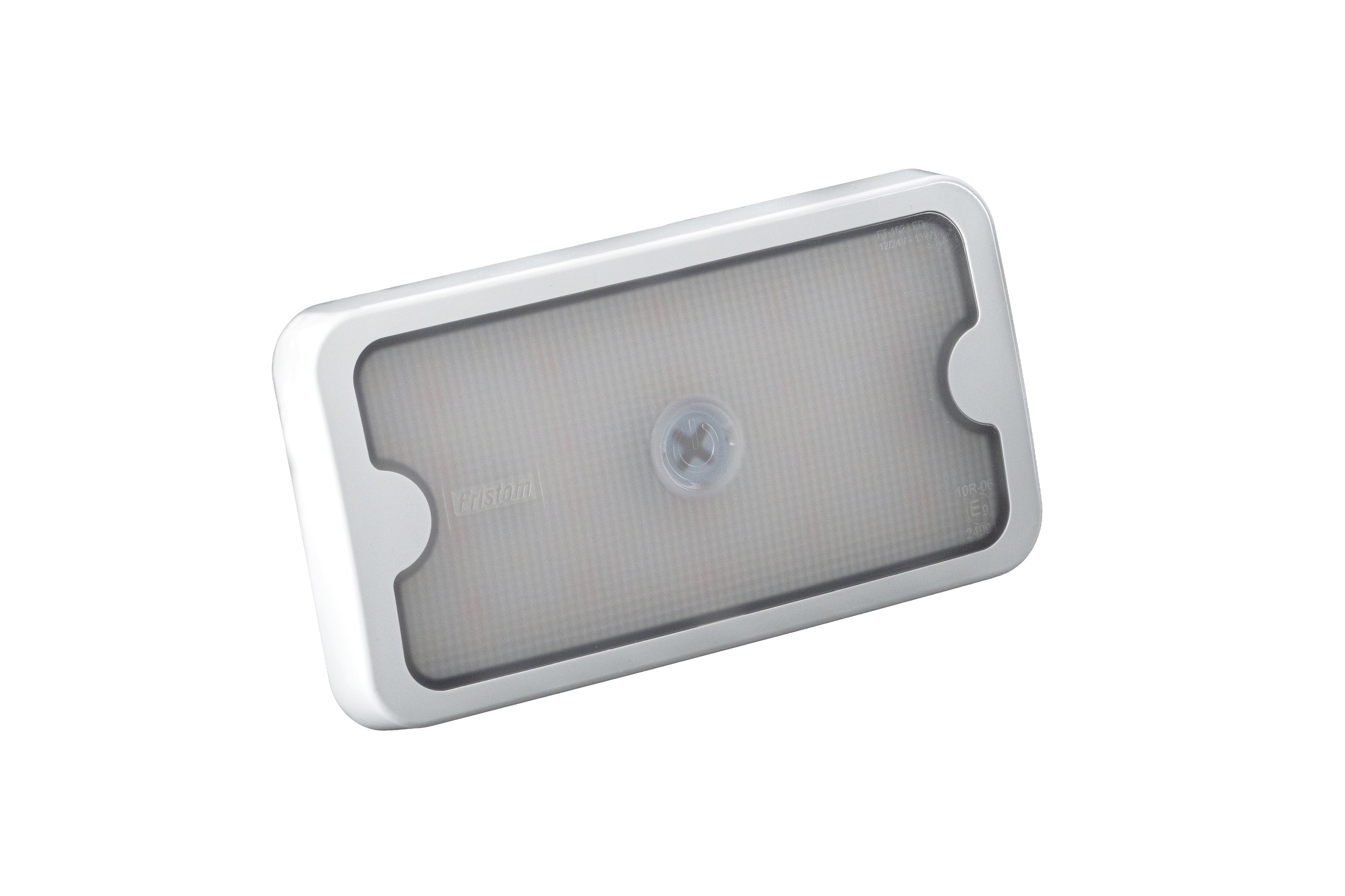 Rectangular white LED interior light with frosted lens and push button switch