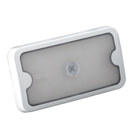 Rectangular white LED interior light with switch, frosted cover, isolated on white background