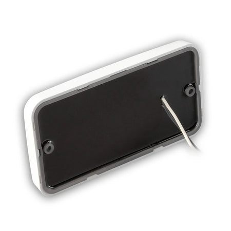 Rectangular LED light fixture rear view with white housing and exposed wiring