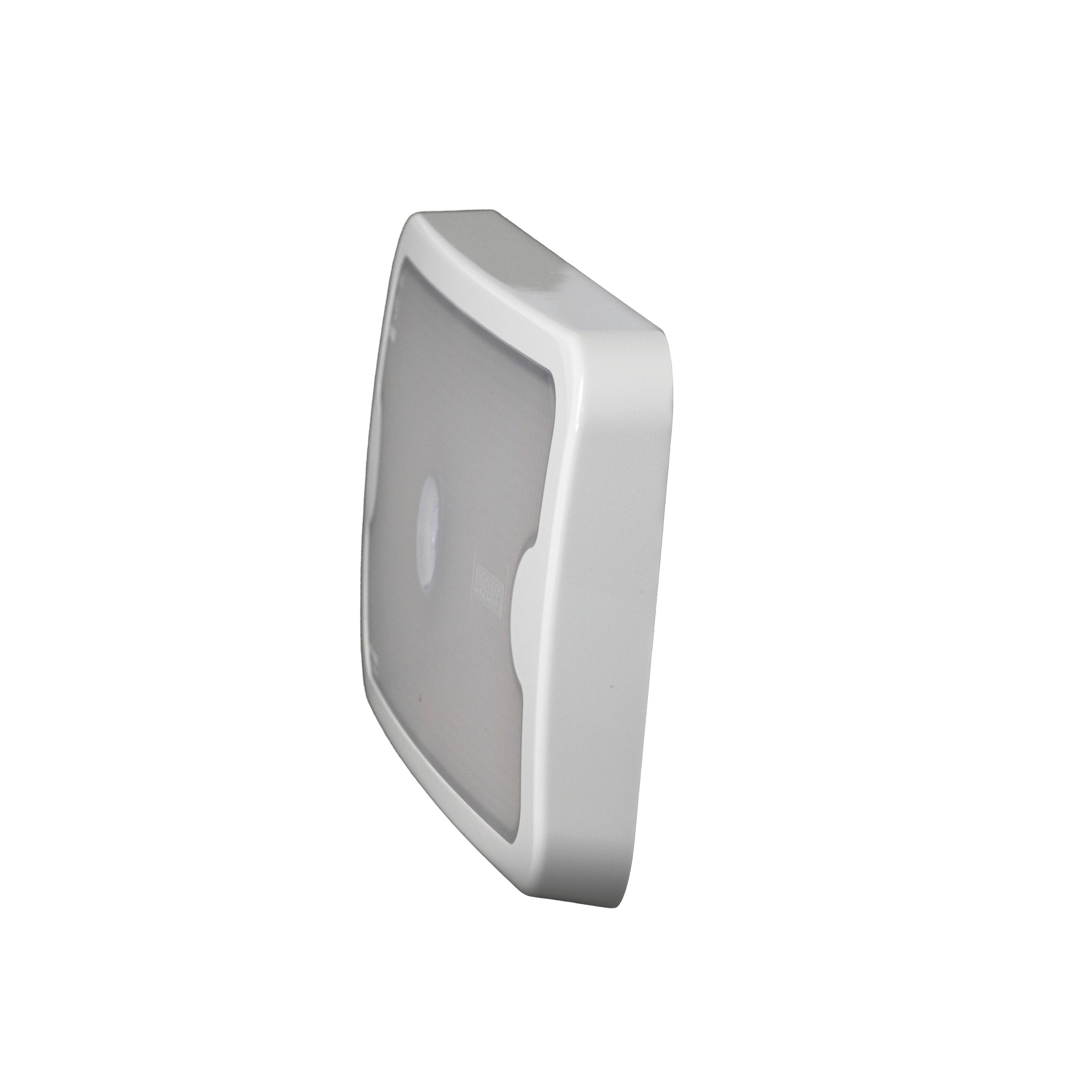 Square white LED wall light with a translucent cover and central button switch