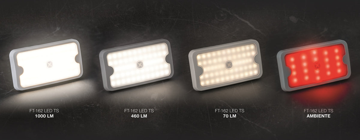 FT-162 LED TS lights in four modes: 1000 lm, 460 lm, 70 lm, and red ambiance setting.
