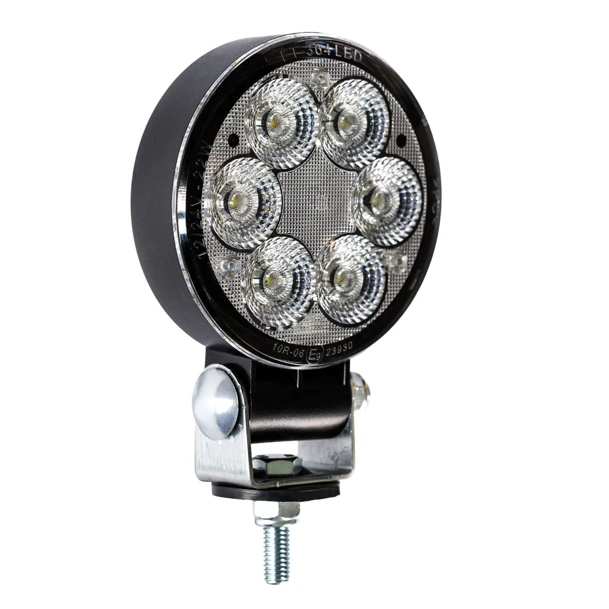 Round slim LED work light with six lenses and mounting bracket, close-up product photo