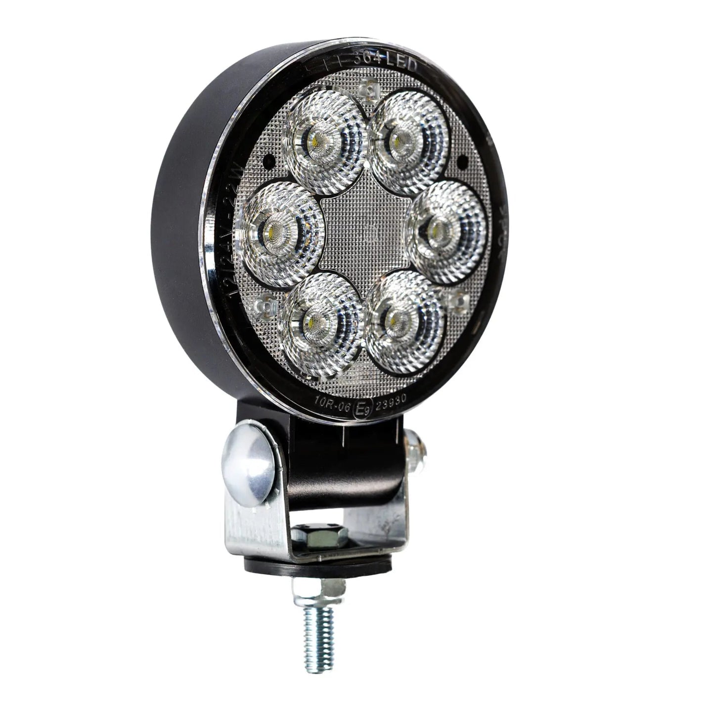 Round slim LED work light with six lenses and mounting bracket, close-up product photo