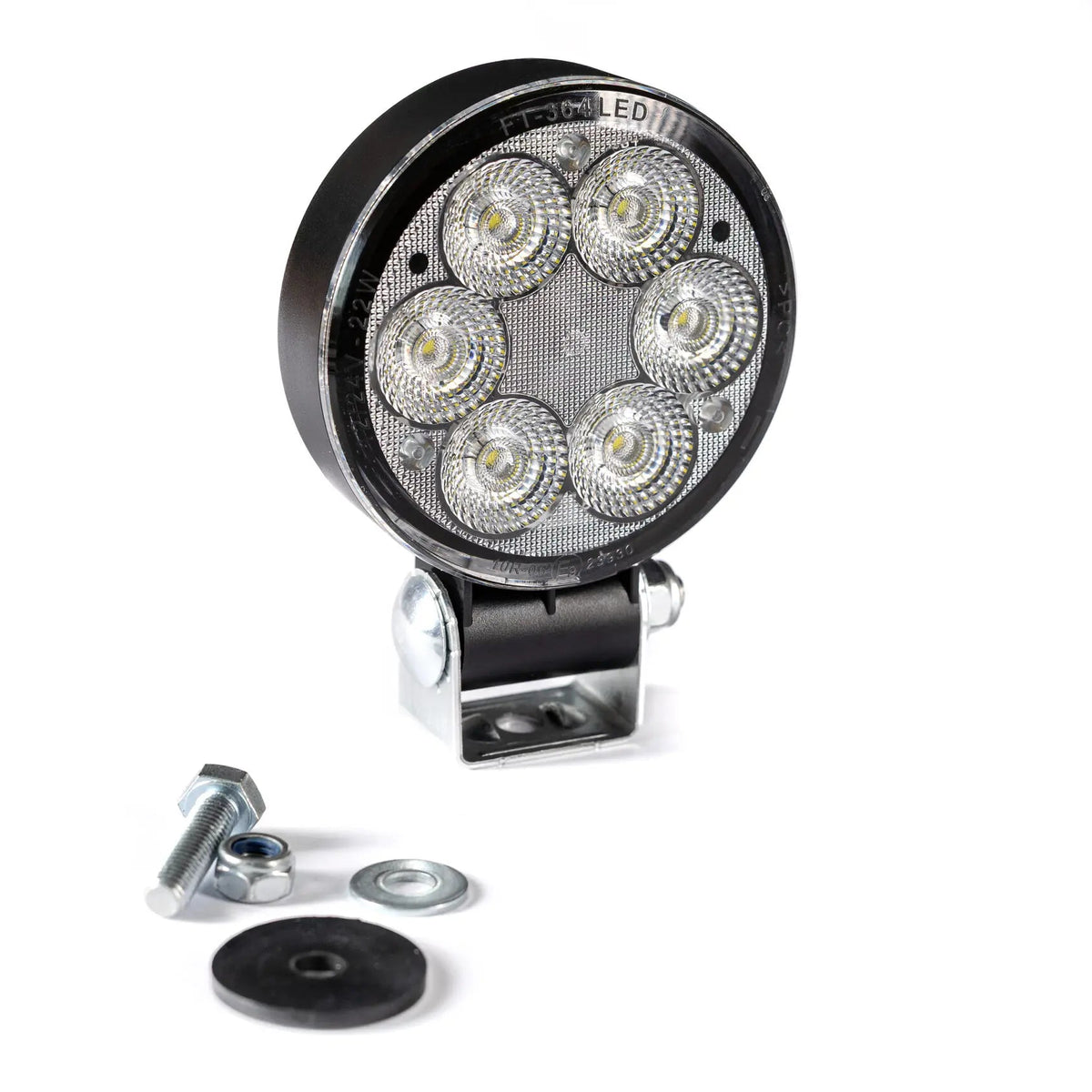 Round slim LED work light with six bulbs and mounting hardware on white background