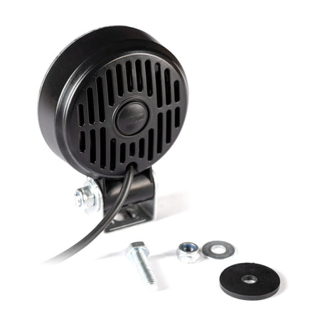 Black round LED vehicle horn with mounting hardware on white background