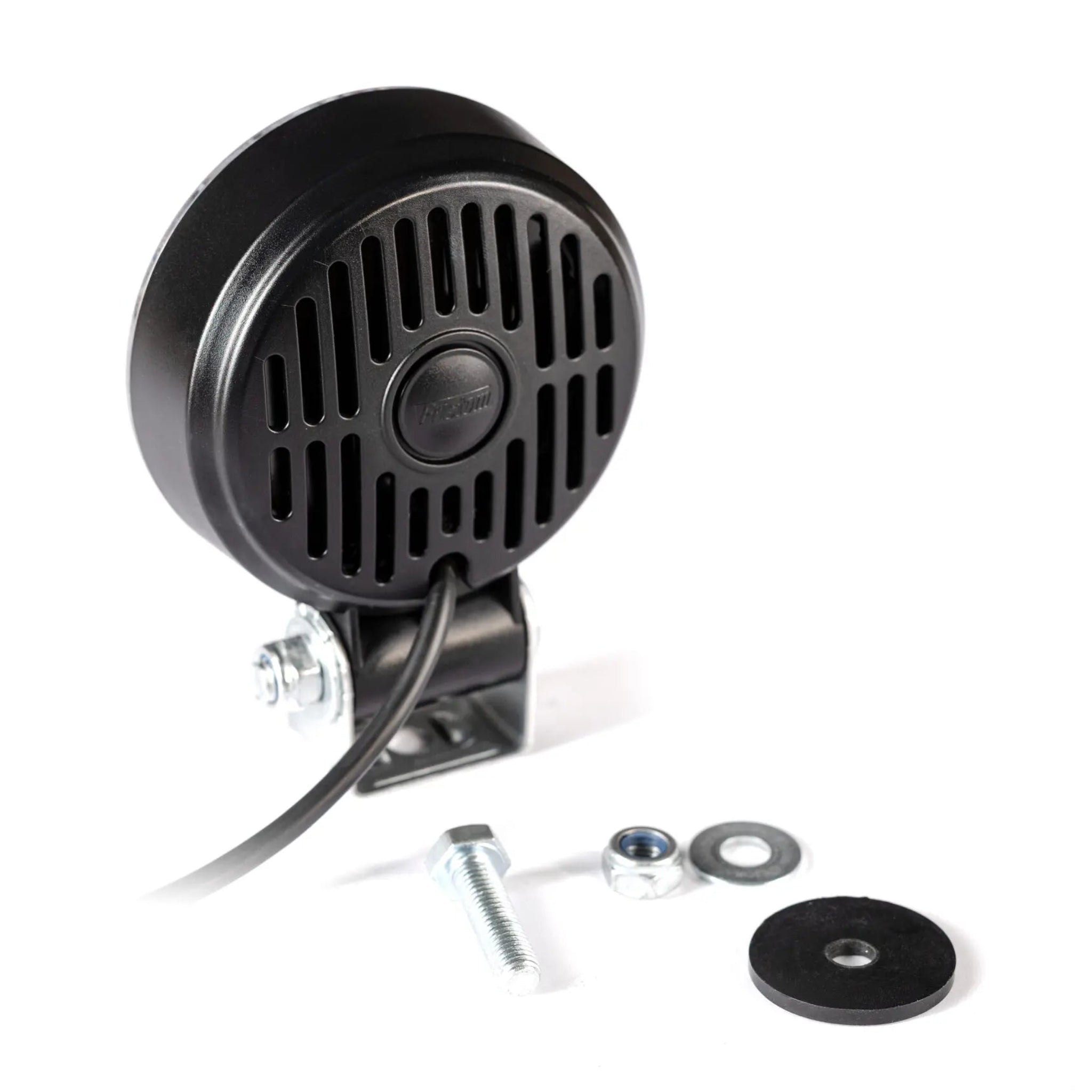 Black round LED slim horn for vehicles with mounting hardware on white background