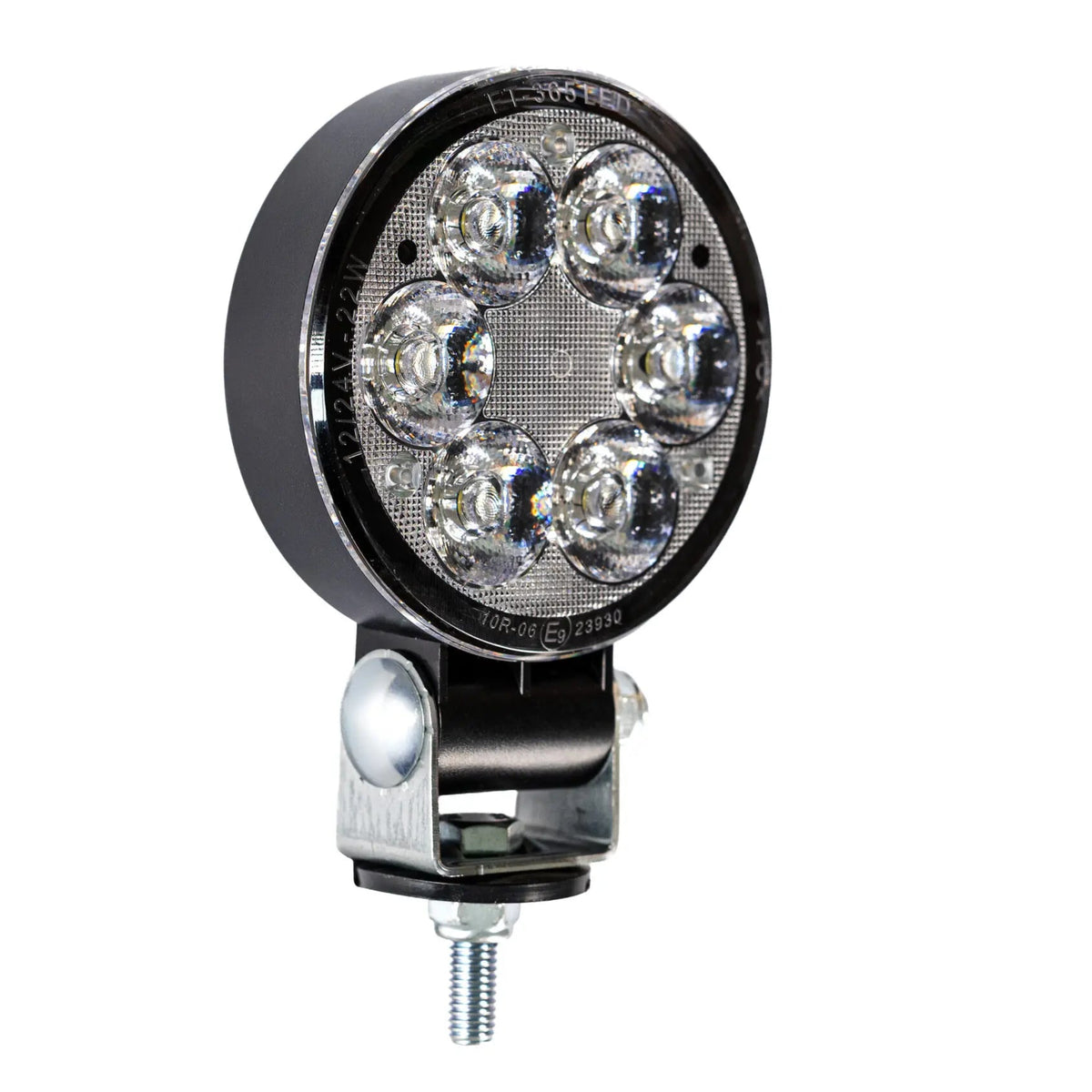 Round LED work light with six diodes and metal mounting bracket, front view