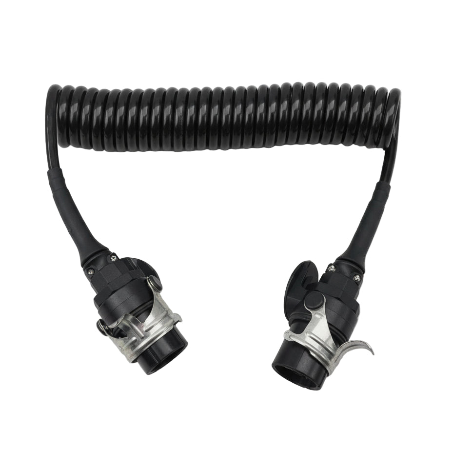 Black coiled truck trailer electrical cable with two connectors on a white background