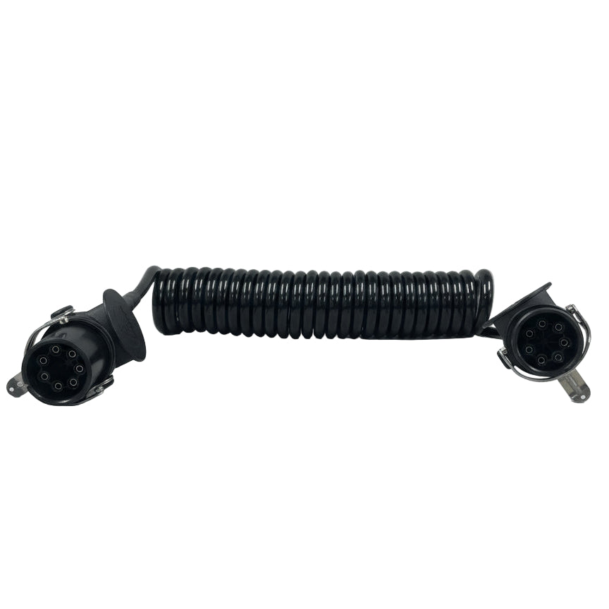 Black coiled trailer connector cable with 7-pin plugs on a plain gray background