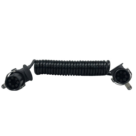 Black coiled trailer connector cable with 7-pin plugs on a plain gray background