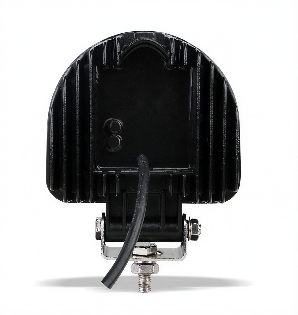 Rear view of black LED work light with mounting bracket and cable on white background