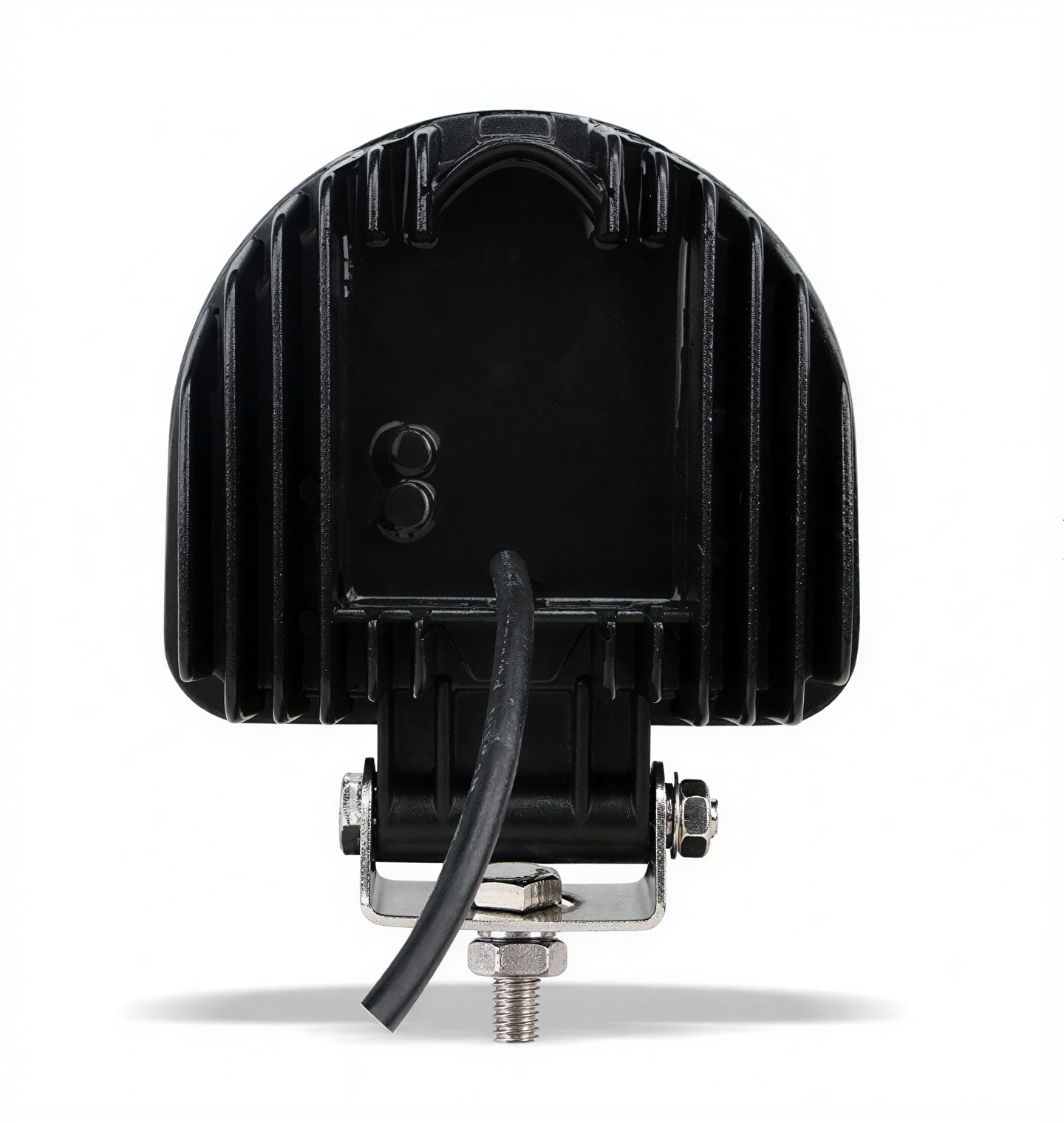 Rear view of black LED work light with mounting bracket and cable on white background