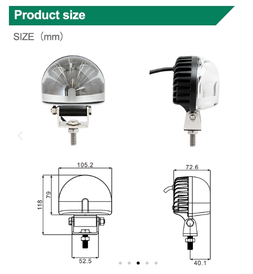 LED work light with mounting bracket, product size chart and dimensions in millimeters