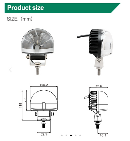 LED work light with mounting bracket, product size chart and dimensions in millimeters