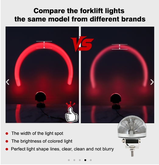 Forklift light comparison image showing different brands, highlighting red light spot clarity and brightness.
